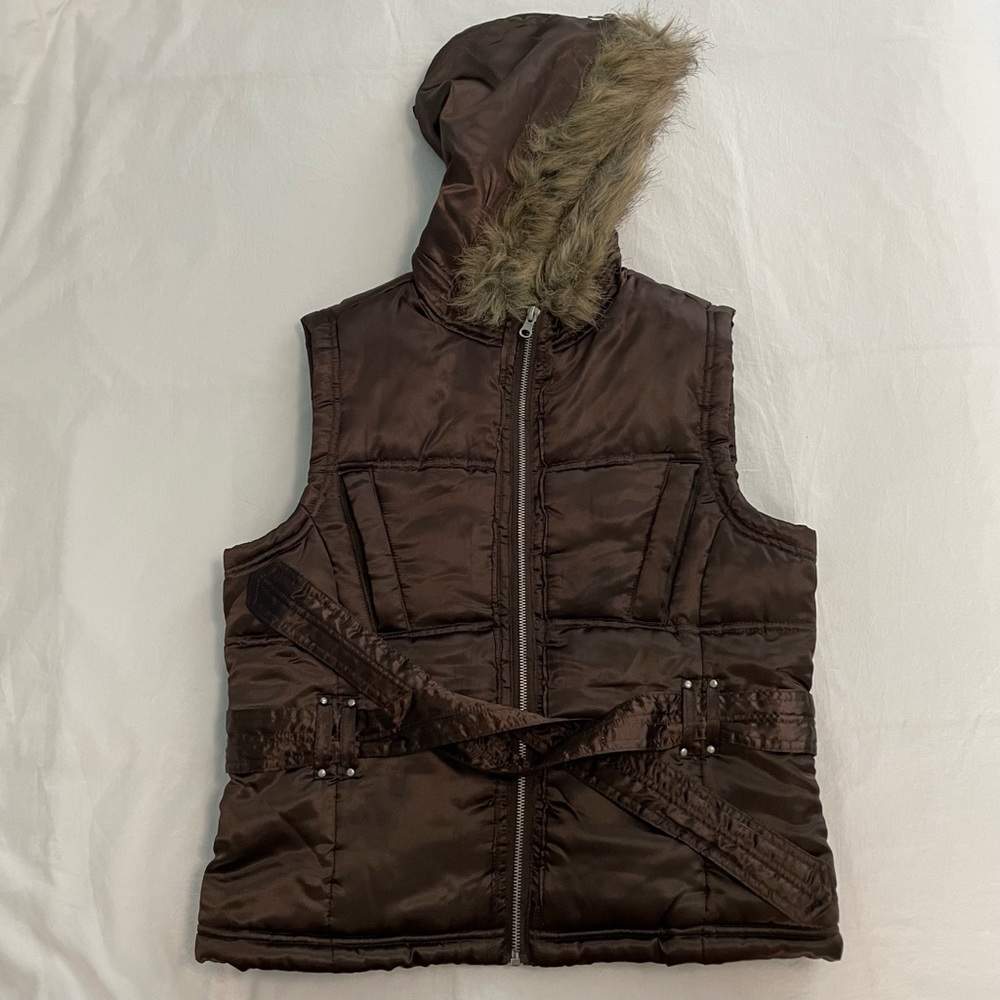 Christin Michaels Girls Vest with Faux Fur Zip Hood and Waist Belt (size: L)